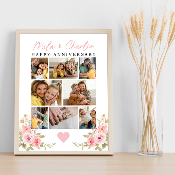 Photo Collage Wedding Anniversary Gift 8-Photo Pink Floral Print Or Canvas