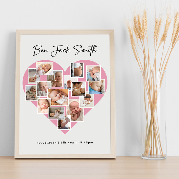 Photo Collage Personalised Gift For New Baby 16-Photo Pink Heart Print Or Canvas