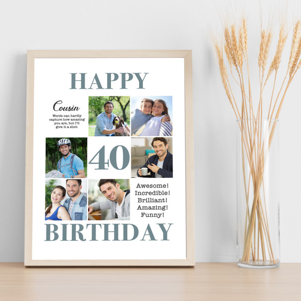 Photo Collage 40th Birthday Personalised Gift For Cousin 6-Photo Print Or Canvas