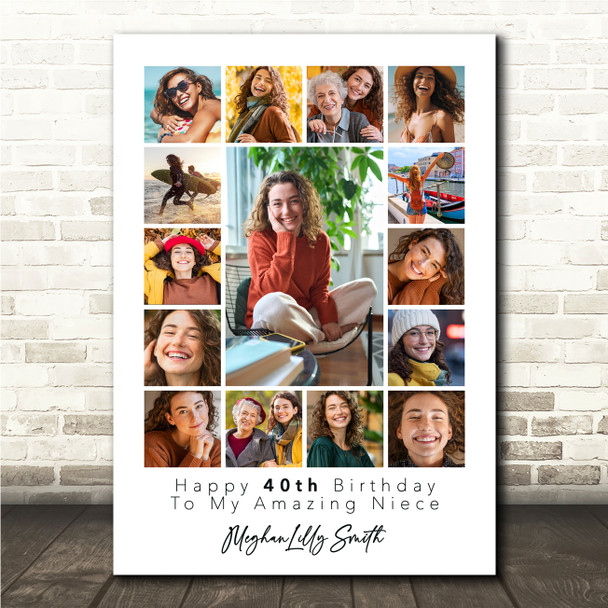 Photo Collage 40th Birthday Personalised Gift For Niece 15-Photo Print Or Canvas