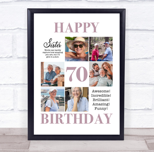 Photo Collage 70th Birthday Personalised Gift For Sister 6-Photo Print Or Canvas