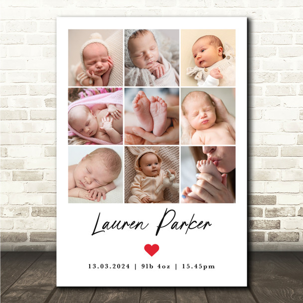 Photo Collage Personalised Gift For New Baby 9-Photo Red Heart Print Or Canvas