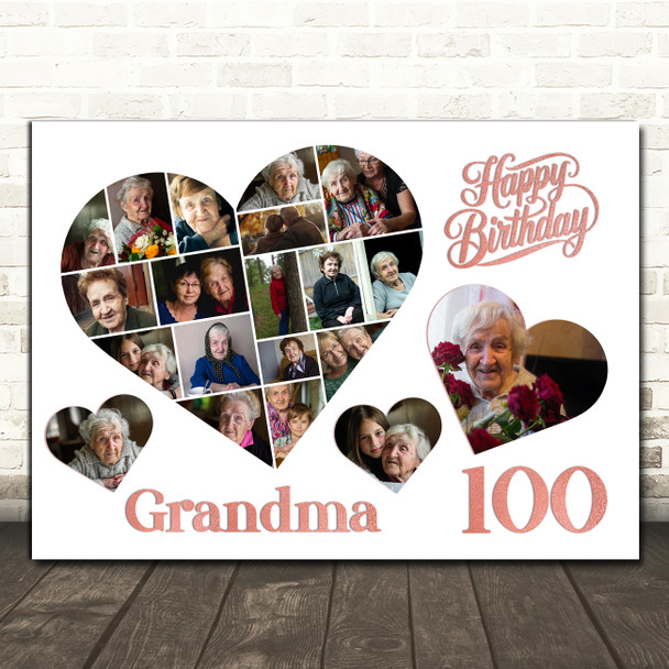 Photo Collage 100th Birthday Gift For Grandma 20-Photo Hearts Print Or Canvas