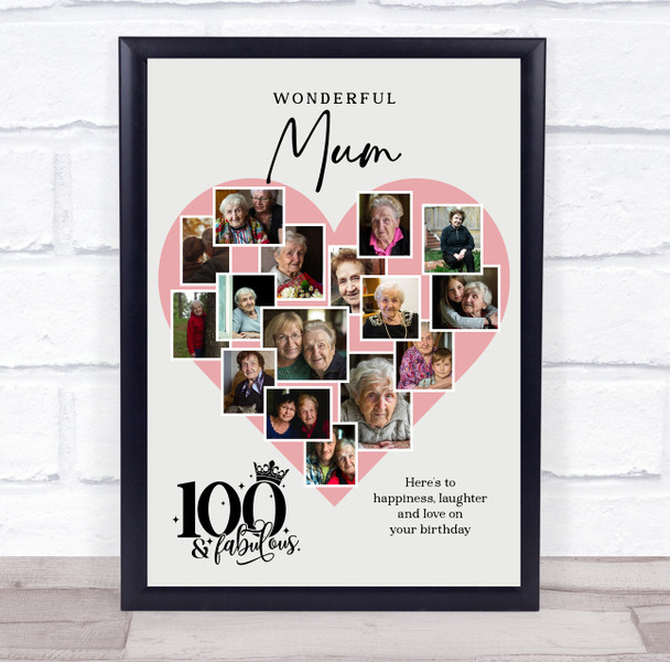 Photo Collage 100th Birthday Gift For Mum 16-Photo Pink Heart Print Or Canvas