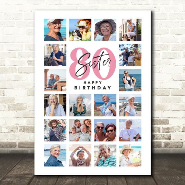 Photo Collage 80th Birthday Gift For Sister 20-Photo Portrait Print Or Canvas
