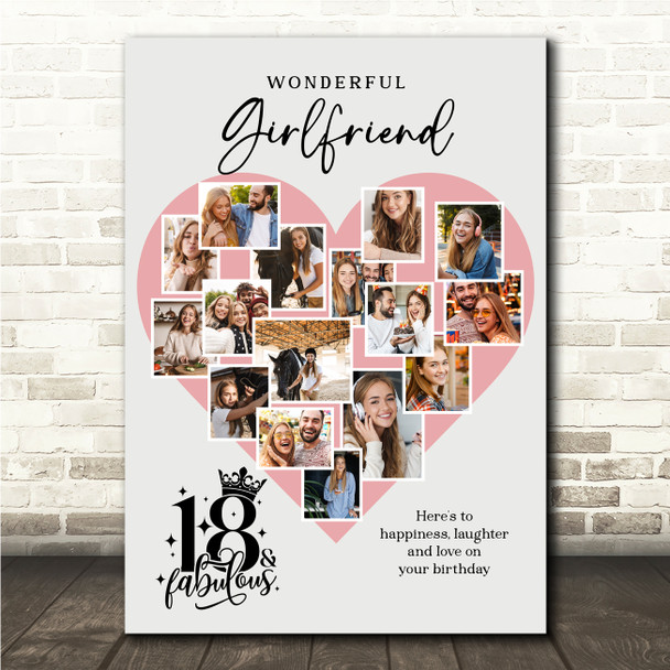 Photo Collage 18th Birthday Gift For Girlfriend 16-Photo Pink Print Or Canvas