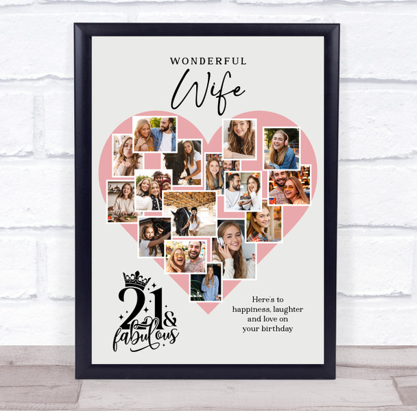 Photo Collage 21st Birthday Gift For Wife 16-Photo Pink Heart Print Or Canvas