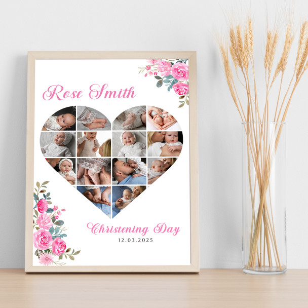 Photo Collage Christening Gift For Girls 14-Photo Pink Floral Print Or Canvas