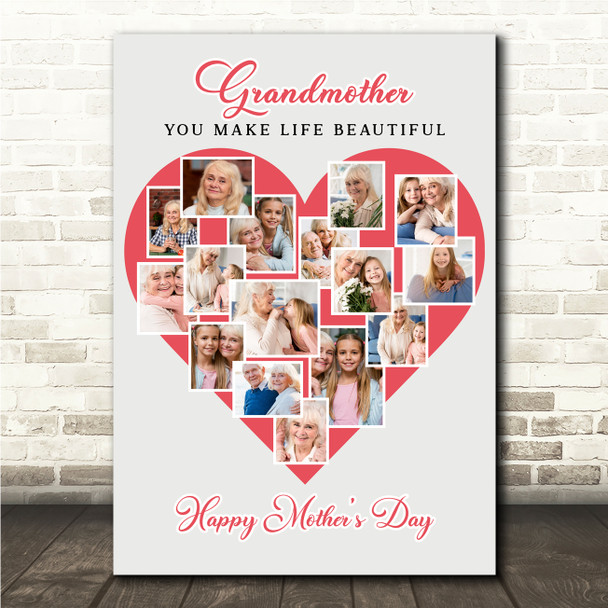 Photo Collage Gift For Grandmother Mother's Day 16-Photo Red Print Or Canvas