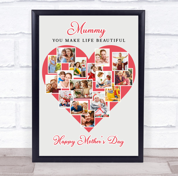 Photo Collage Gift For Mummy Mother's Day 16-Photo Red Heart Print Or Canvas