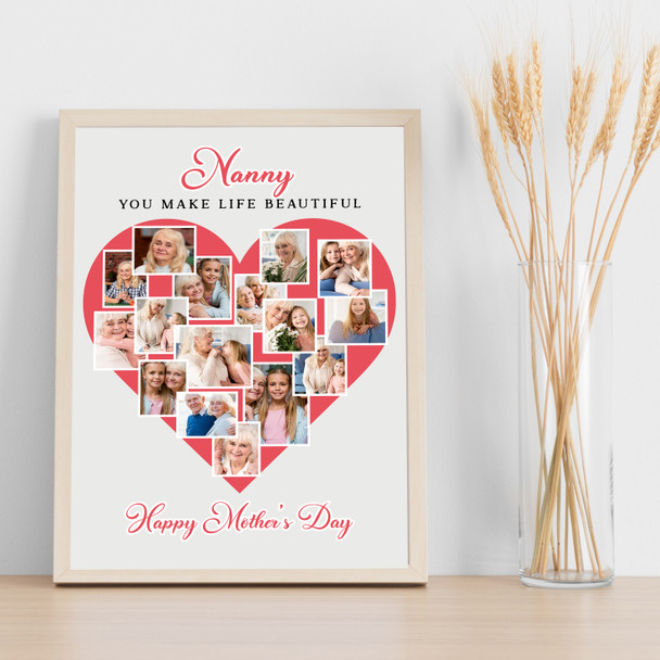 Photo Collage Gift For Nanny Mother's Day 16-Photo Red Heart Print Or Canvas