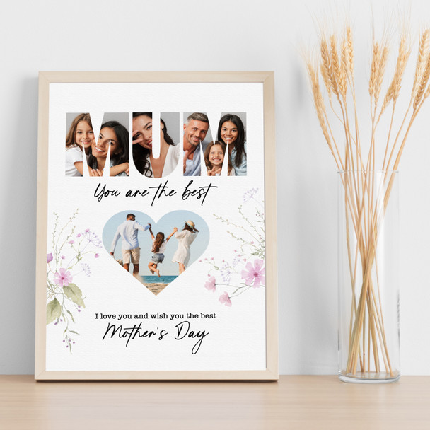 Photo Collage Mother's Day Gift For Mum 4-Photo Heart Floral Print Or Canvas