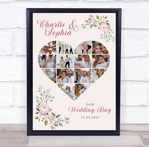 Photo Collage Wedding Custom Gift 14-Photo Heart Pink Floral Print Or Canvas