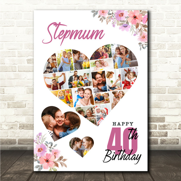 Photo Collage 40th Birthday Gift For Stepmum 19-Photo Floral Print Or Canvas