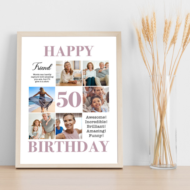 Photo Collage 50th Birthday Gift For Friend 6-Photo Portrait Print Or Canvas
