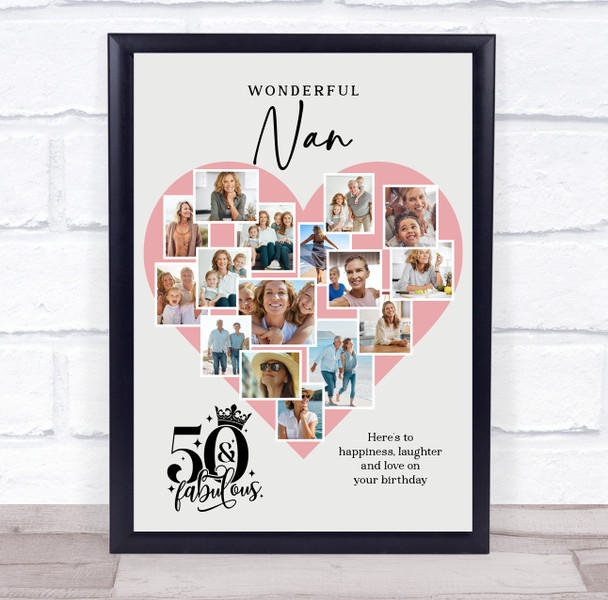 Photo Collage 50th Birthday Gift For Nan 16-Photo Pink Heart Print Or Canvas