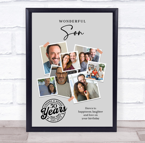 Photo Collage 50th Birthday Custom Gift For Son 7-Photo Grey Print Or Canvas