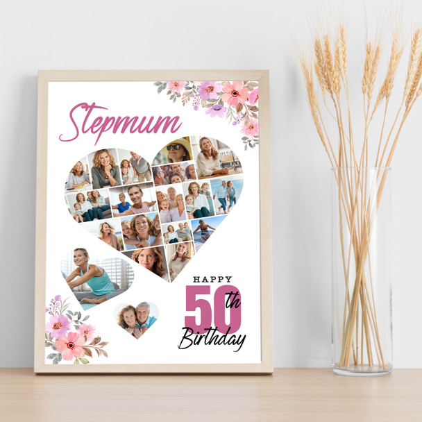 Photo Collage 50th Birthday Gift For Stepmum 19-Photo Floral Print Or Canvas