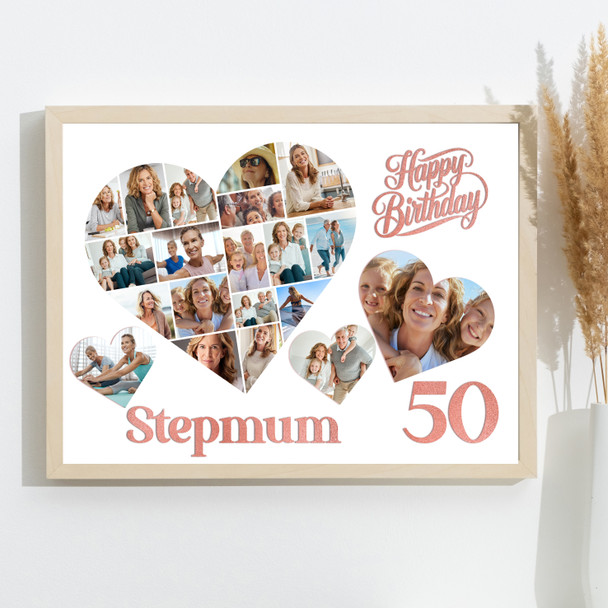Photo Collage 50th Birthday Gift For Stepmum 20-Photo Hearts Print Or Canvas