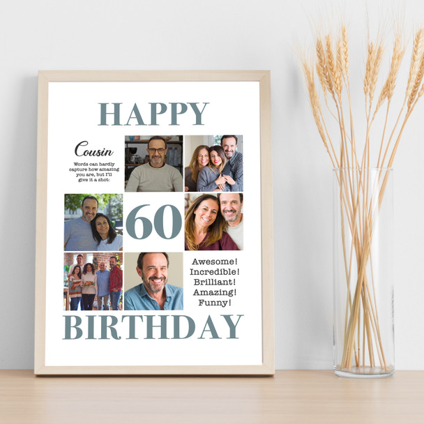 Photo Collage 60th Birthday Gift For Cousin 6-Photo Portrait Print Or Canvas