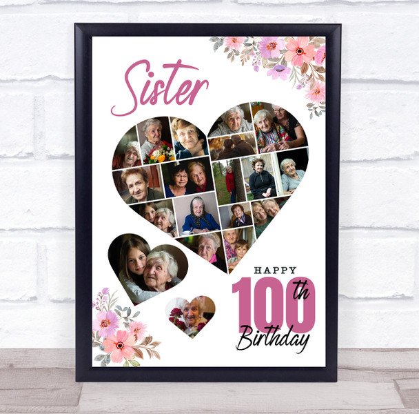 Photo Collage 100th Birthday Gift For Sister 19-Photo Floral Print Or Canvas