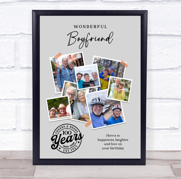 Photo Collage 100th Birthday Gift For Boyfriend 7-Photo Grey Print Or Canvas