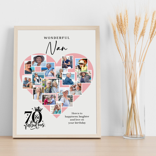 Photo Collage 70th Birthday Gift For Nan 16-Photo Pink Heart Print Or Canvas