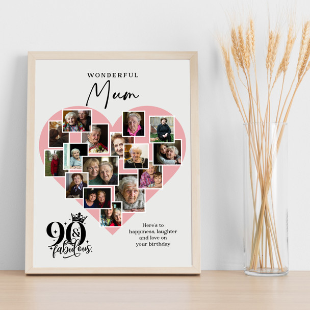 Photo Collage 90th Birthday Gift For Mum 16-Photo Pink Heart Print Or Canvas