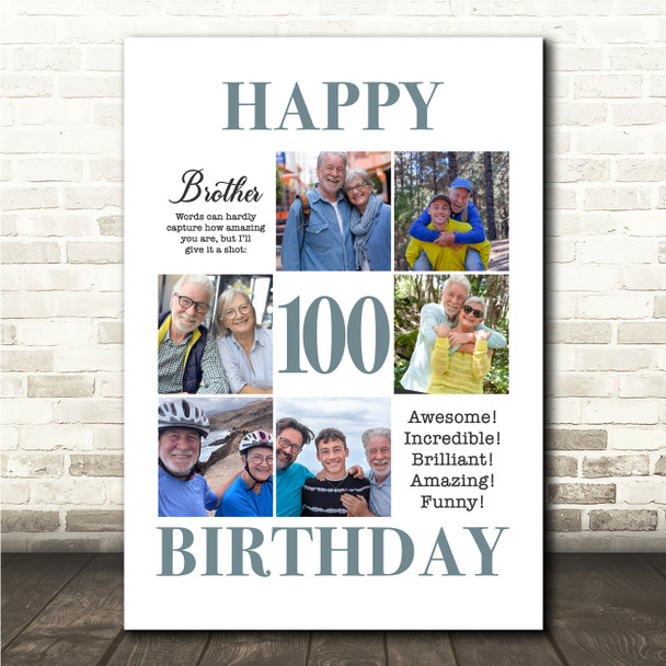 Photo Collage 100th Birthday Custom Gift For Brother 6-Photo Print Or Canvas