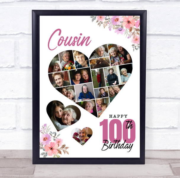 Photo Collage 100th Birthday Gift For Cousin 19-Photo Floral Print Or Canvas