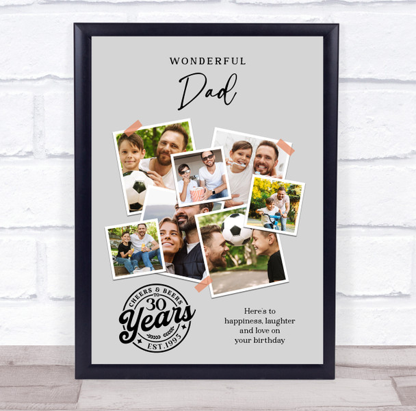 Photo Collage 30th Birthday Custom Gift For Dad 7-Photo Grey Print Or Canvas