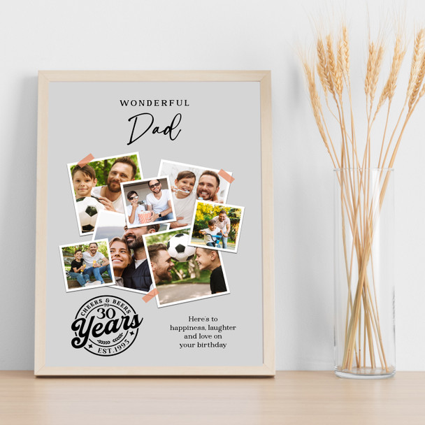 Photo Collage 30th Birthday Custom Gift For Dad 7-Photo Grey Print Or Canvas