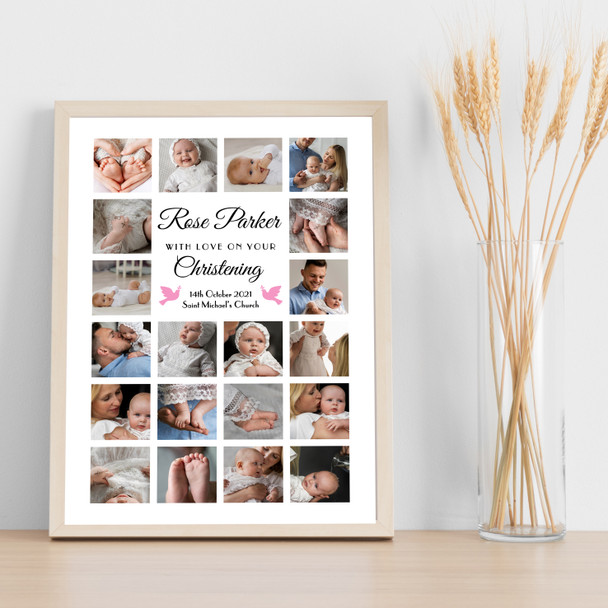 Photo Collage Christening Gift For Girls 20-Photo Pink Doves Print Or Canvas Photo Collage Christening Gift For Girls 20-Photo Pink Doves Print Or Canvas