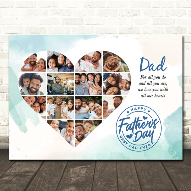 Photo Collage Gift For Dad Father's Day 14-Photo Heart Blue Print Or Canvas