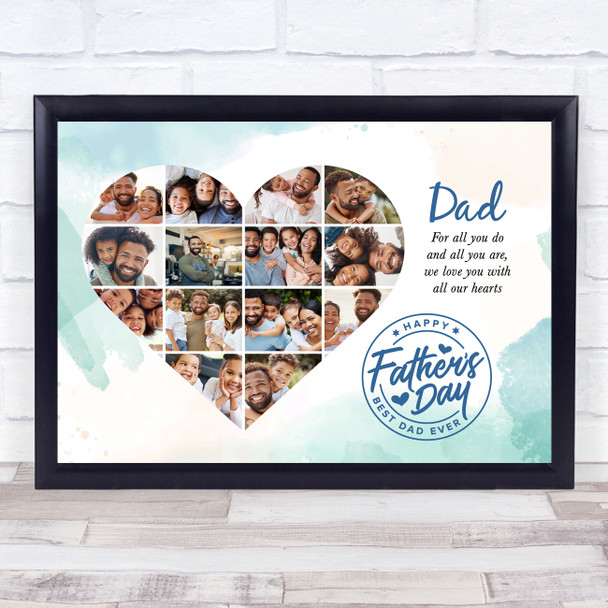 Photo Collage Gift For Dad Father's Day 14-Photo Heart Blue Print Or Canvas
