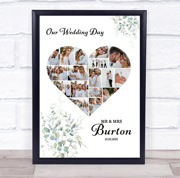Photo Collage Wedding Custom Gift 17-Photo Heart Eucalyptus Print Or Canvas
