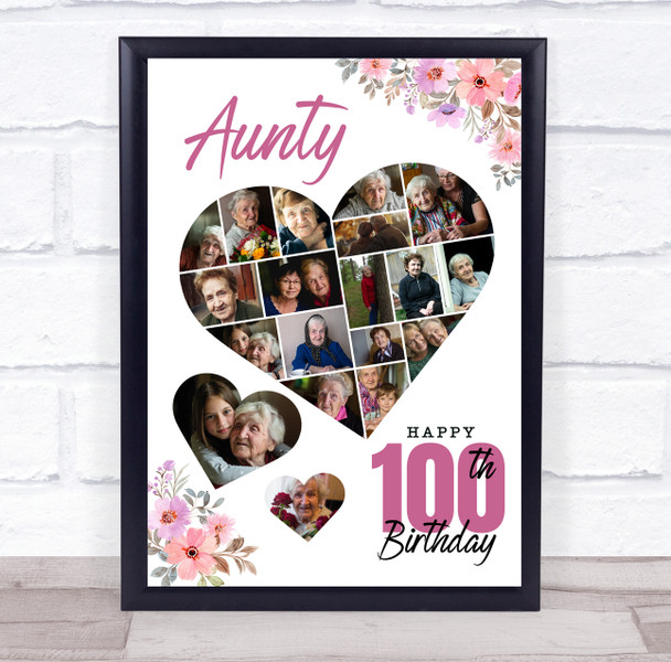 Photo Collage 100th Birthday Gift For Aunty 19-Photo Floral Print Or Canvas