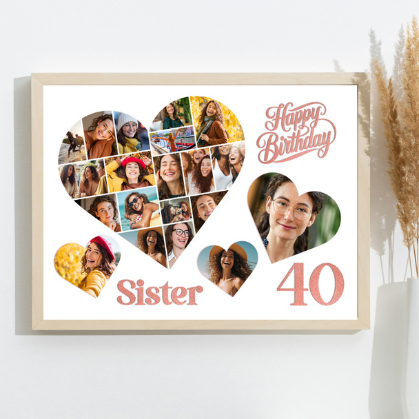 Photo Collage 40th Birthday Gift For Sister 20-Photo Hearts Print Or Canvas