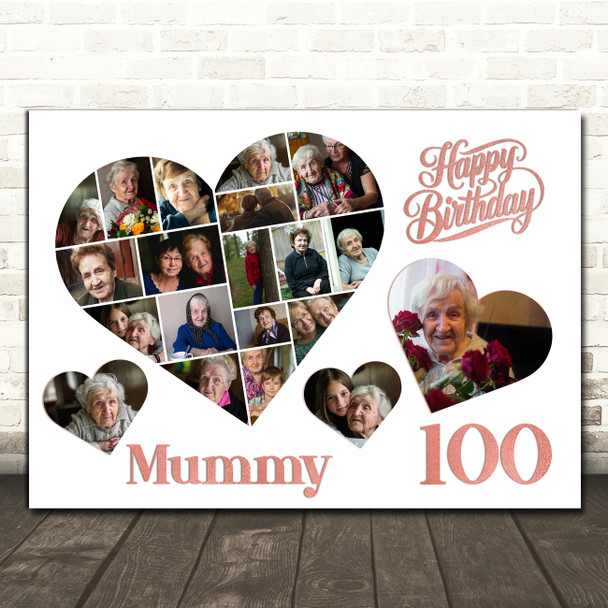 Photo Collage 100th Birthday Gift For Mummy 20-Photo Hearts Print Or Canvas