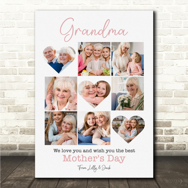 Photo Collage Gift For Grandma Mother's Day 9-Photo Pink Floral Print Canvas