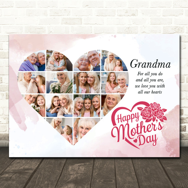 Photo Collage Gift For Grandma Mother's Day 14-Photo Heart Pink Print Or Canvas