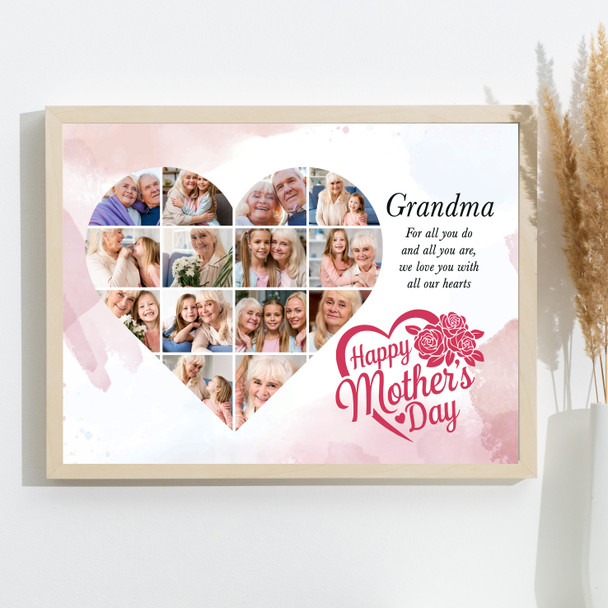 Photo Collage Gift For Grandma Mother's Day 14-Photo Heart Pink Print Or Canvas