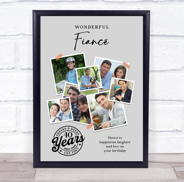 Photo Collage 40th Birthday Custom Gift For Fiancé 7-Photo Grey Print Or Canvas