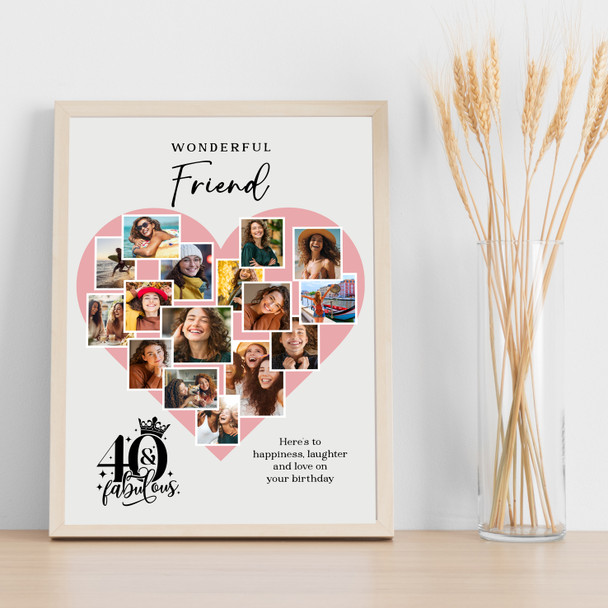 Photo Collage 40th Birthday Gift For Friend 16-Photo Pink Heart Print Or Canvas
