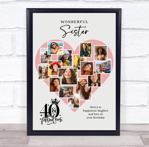 Photo Collage 40th Birthday Gift For Sister 16-Photo Pink Heart Print Or Canvas