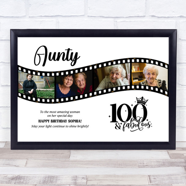 Photo Collage 100th Birthday Gift For Aunty 4-Photo Camera Film Print Or Canvas