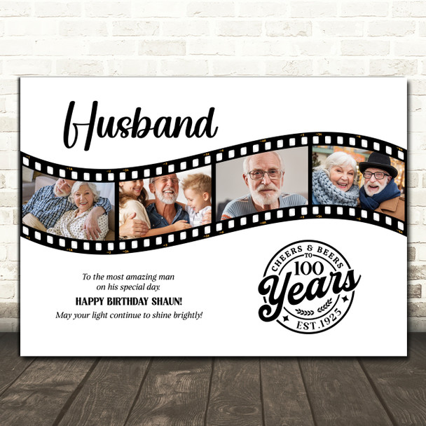 Photo Collage 100th Birthday Gift For Husband 4-Photo Film Reel Print Or Canvas