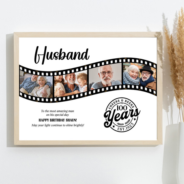Photo Collage 100th Birthday Gift For Husband 4-Photo Film Reel Print Or Canvas