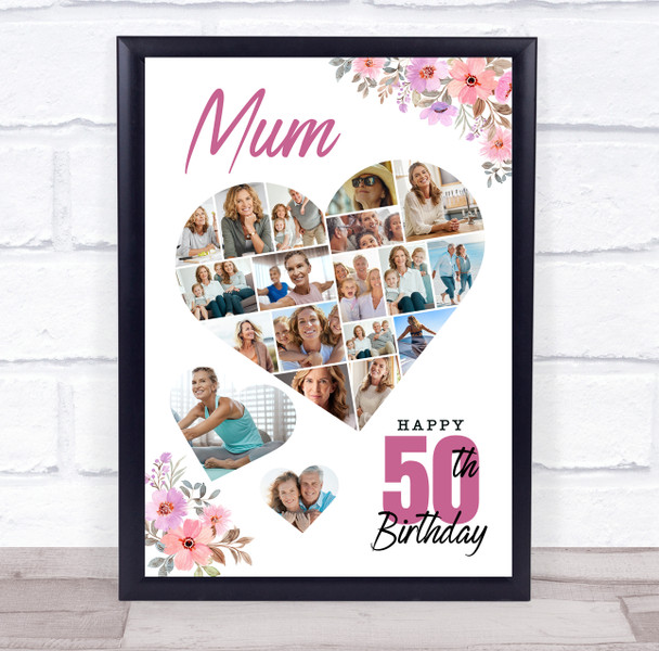 Photo Collage 50th Birthday Custom Gift For Mum 19-Photo Floral Print Or Canvas