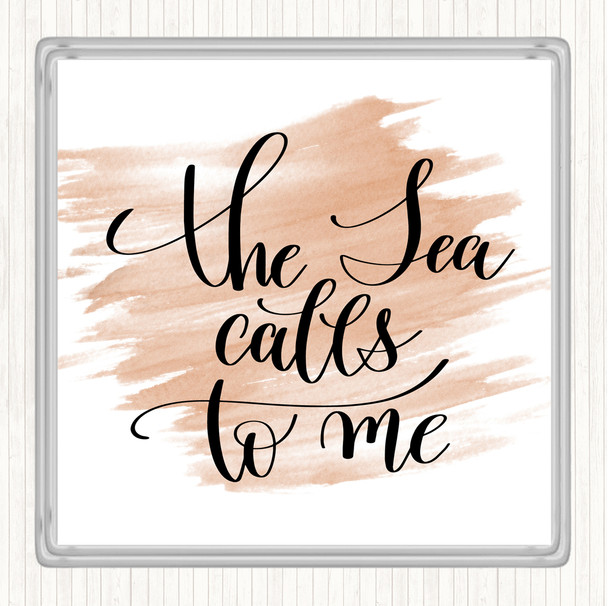 Watercolour The Sea Calls To Me Quote Coaster